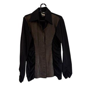 Finley Black Brown Lamb Leather Front Ruched Long Sleeve Shirt Womens Small